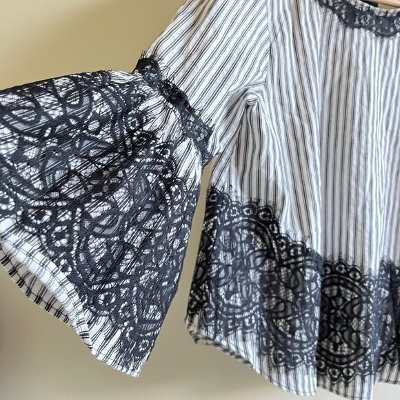 Zara Striped Bell Sleeve Top with Lace Detailing Womens Size S Blouse Crewneck - Picture 8 of 11